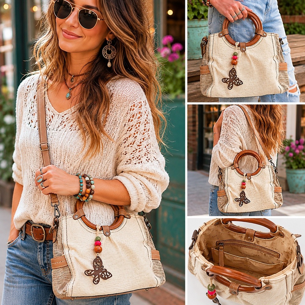 Relic Y2K Canvas Wooden Handle Butterfly Charm Bag Tan Cream Crossbody